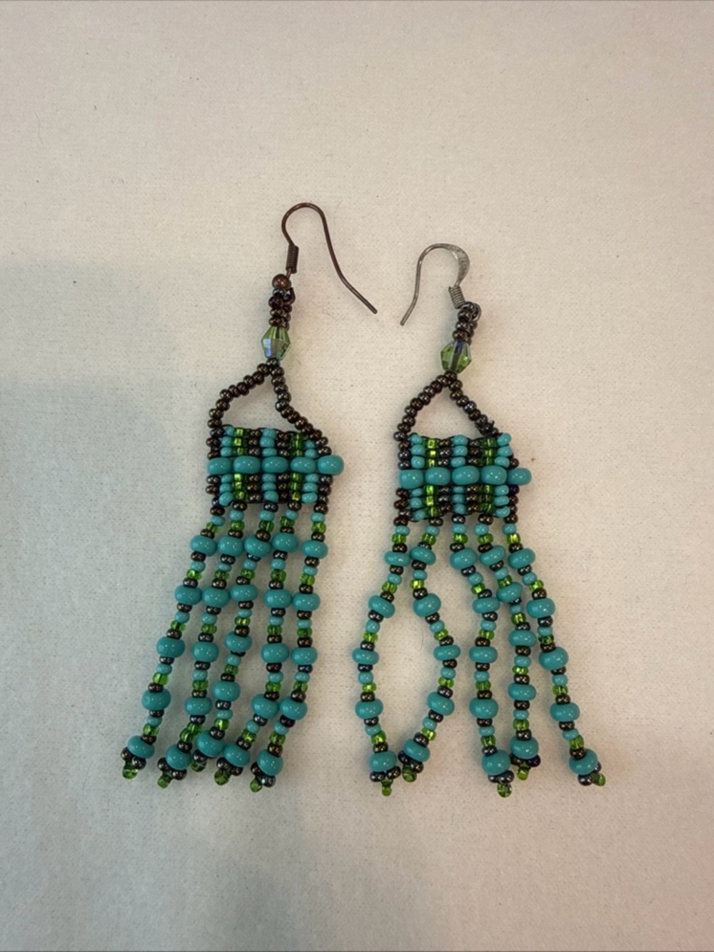 Turquoise and Green Beaded Fringe Earrings